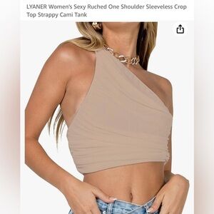 LYANER Women's Sexy Ruched One Shoulder Sleeveless Crop Top Strappy Cami small